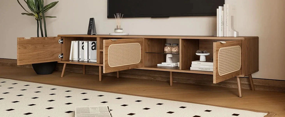 TV Stand Walnut Wood & Glass Storage Mid-Century Entertainment Console Media 24