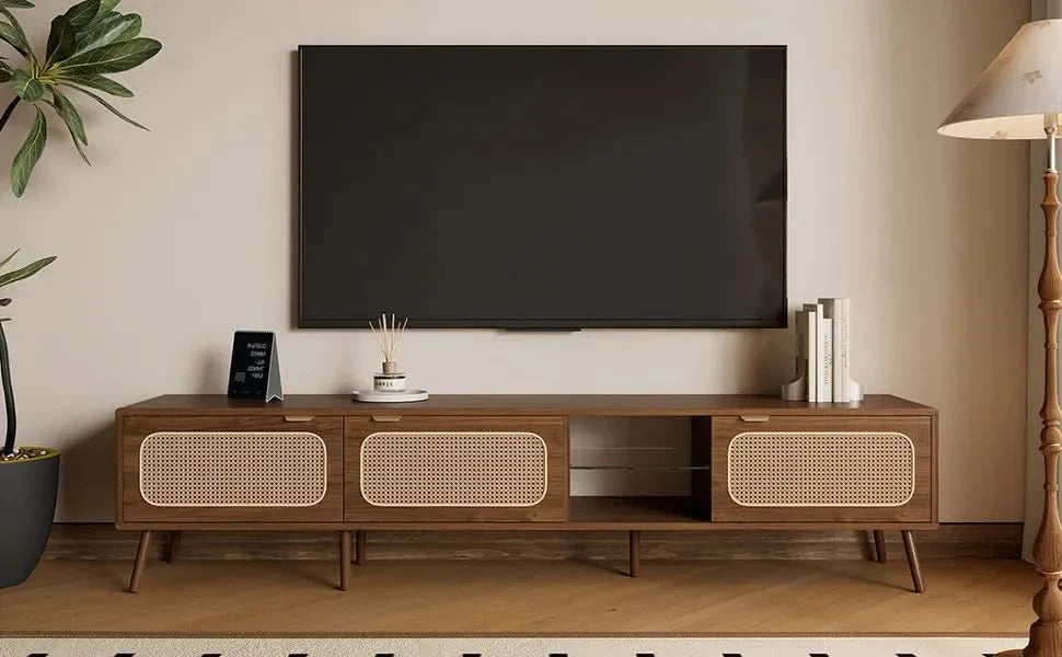 TV Stand Walnut Wood & Glass Storage Mid-Century Entertainment Console Media 20