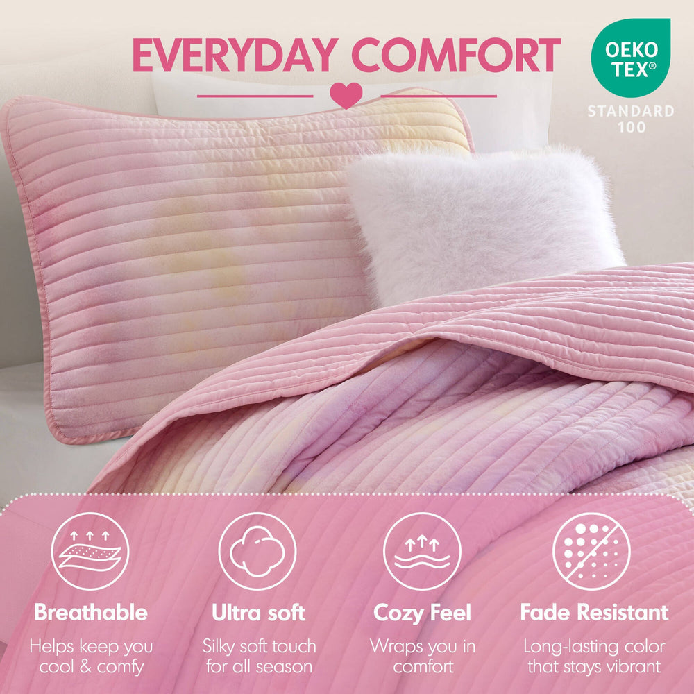 3 Pieces Twin/Twin XL Watercolor Tie Dye Printed Quilt Set with Throw Pillow,Pink Media 9