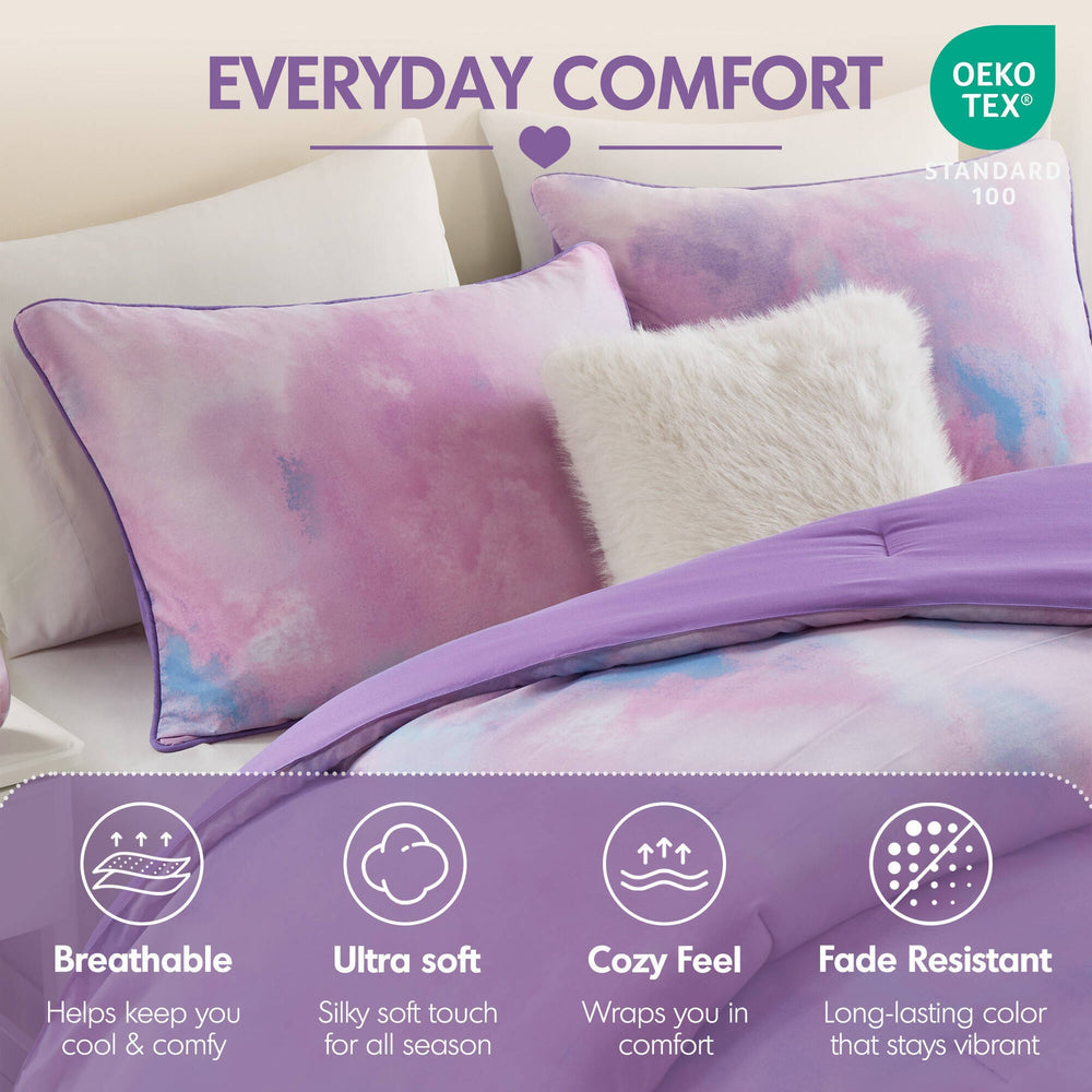 4 Pieces King/Cal King Watercolor Tie Dye Printed Comforter Set with Throw Pillow,Purple Media 12