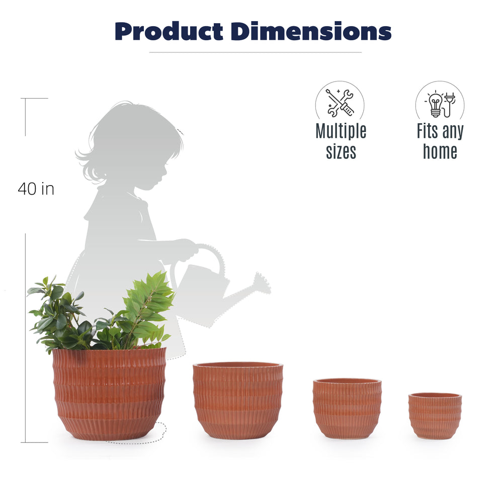 Handmade Brick Red Glaze Ceramic Planter Set of 4, 7/9/12/14 Inch, Horizontal Grooves, Indoor & Outdoor Herb Succulent Pots, Breathable Clay with Drainage Holes Media 6