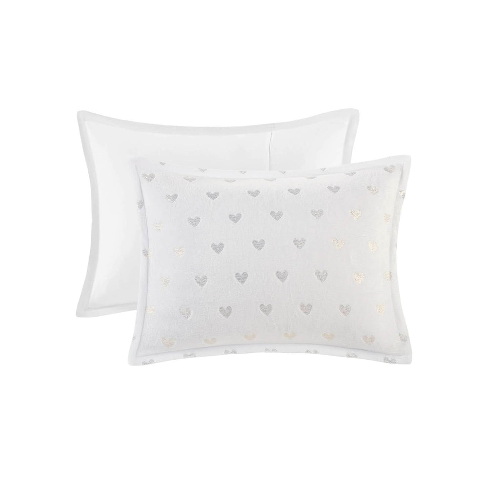 Plush Comforter Set White & Gold Heart Print 4 Piece Full Queen Bedding Includes Shams & Throw Pillow Media 8