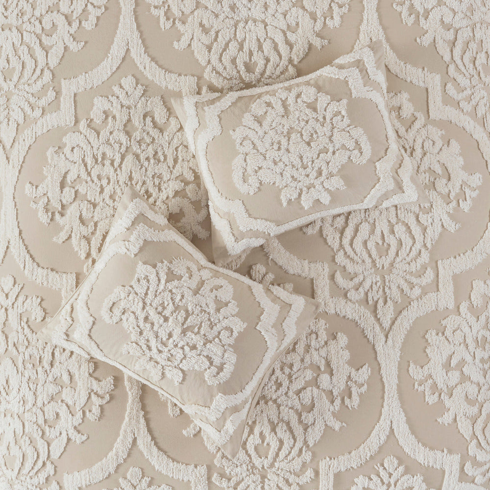 3 piece Tufted Cotton Chenille Damask Comforter Set Taupe Full/Queen Media 3