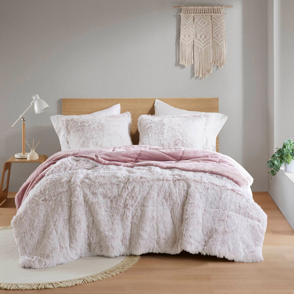 3 PCS King/Cal King Shaggy Faux Fur Comforter Mini Set Pink/White Media 13