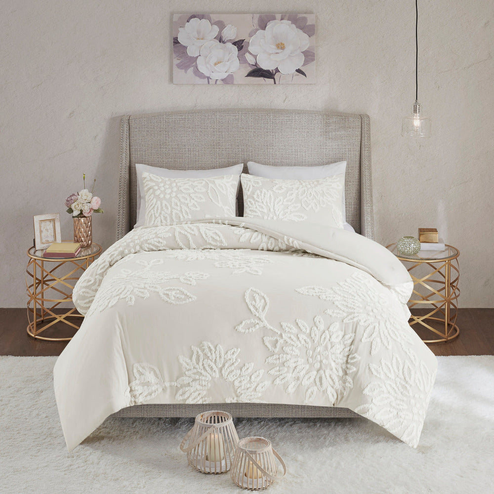 3 Piece Tufted Cotton Chenille Floral Comforter Set Off-White King/Cal King Media 3