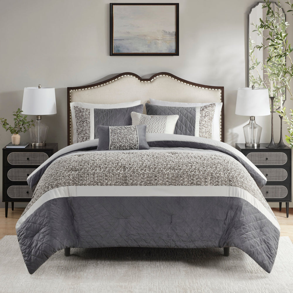 5 Piece Textured Jacquard Stripe Comforter Set with Throw Pillows-King/Cal King Media 1