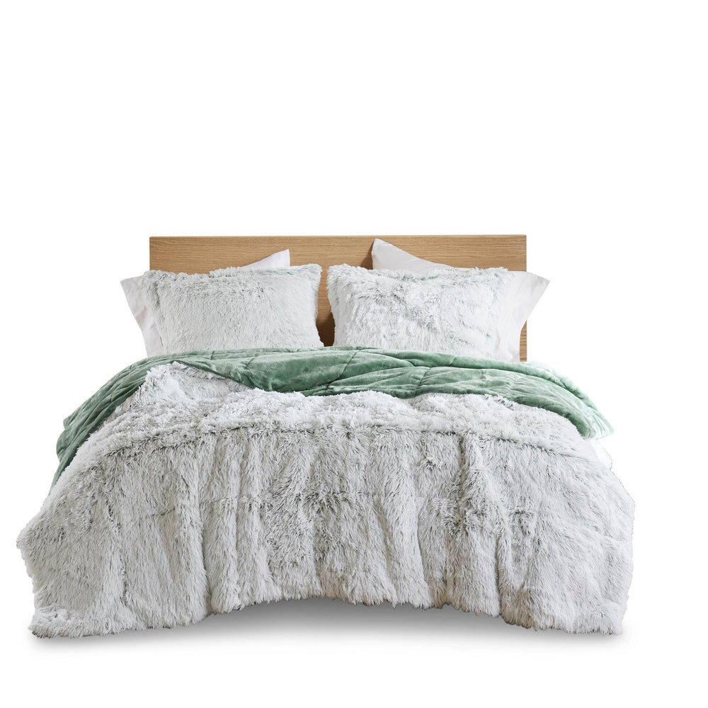 2 PCS Twin/Twin XL Shaggy Faux Fur Comforter Mini Set Green/White Media 10