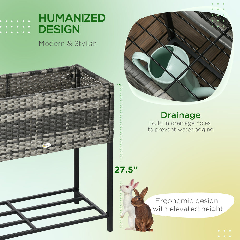 Outsunny Raised Garden Bed, Elevated Planter Box with Rattan Wicker Look, Tool Storage Shelf, Portable Design for Herbs, Vegetables, Flowers, Gray Media 3