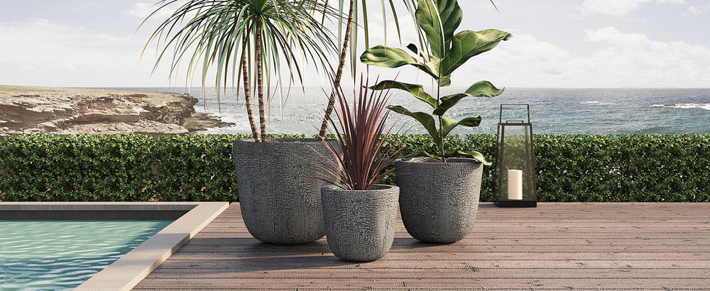 U_STYLE Lightweight MGO Planter Set of 3,16.93'+13.78'+11.02' Dia Round Concrete Stackable Flower Pots with Drainage Holes and Rubber Plug,Crackle Stone Texture for Patio Garden Balcony Indoor Outdoor Media 4