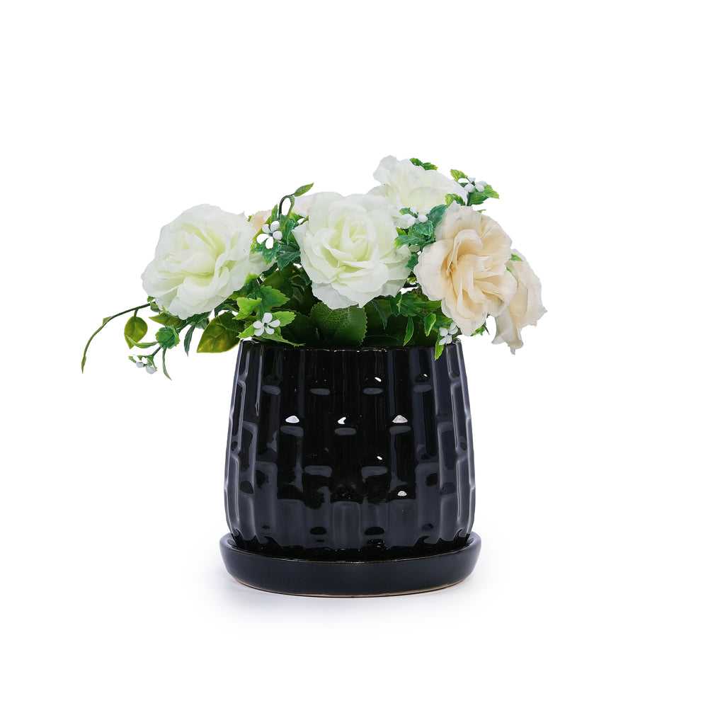 Handmade Ceramic Flower Pot with Groove Pattern, 6 & 8 Inch Diameter, Black Color for Orchids, Indoor/Outdoor Use on Windowsill & Bookshelf, Breathable Clay with Saucer Media 8