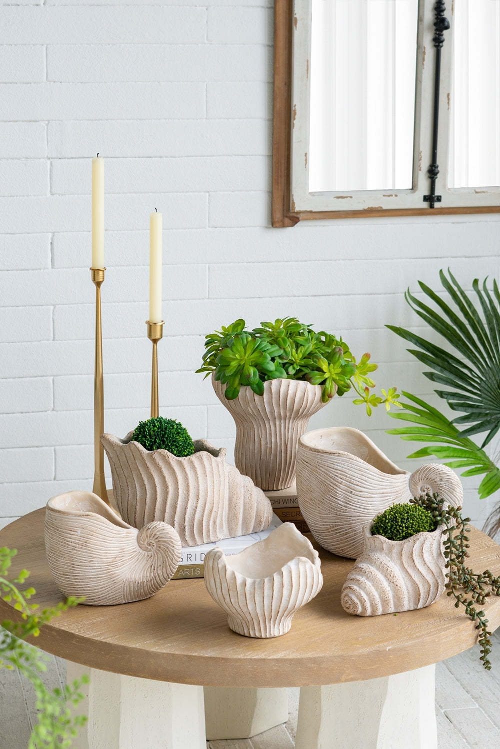 11.5x7x7' Sand and Cement Nautilus Shell Planter with Textured Beige Finish Media 10
