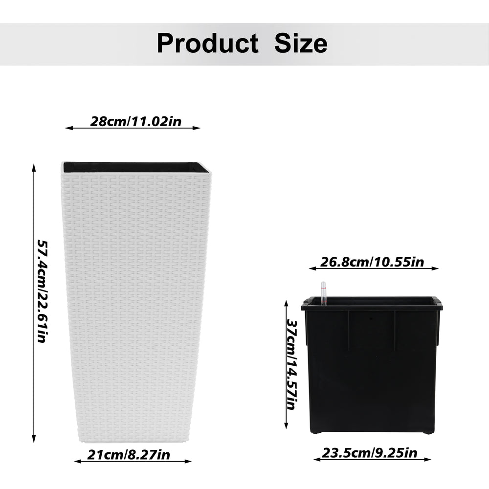 Indoor/Outdoor Modern Faux Rattan Design Square Planter, 22.6 inch White Plastic Large Planter with Automatic Watering System for Home and Garden (White, 22.6 inch - 2 Pack) Media 3