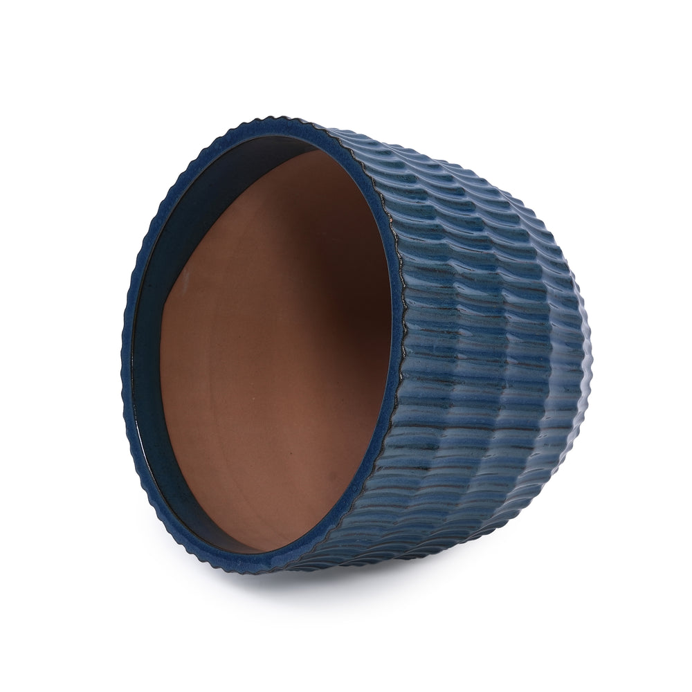 Handmade Denim Blue Glaze Ceramic Planter Set of 4, 7/9/12/14 Inch, Horizontal Grooves, Indoor & Outdoor Herb Succulent Pots, Breathable Clay with Drainage Holes Media 12