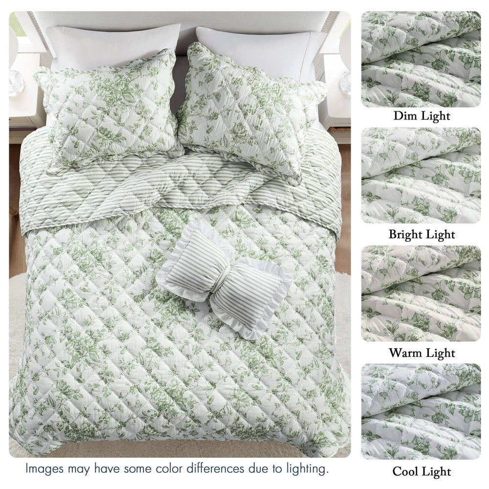 4 Pieces Full/Queen  Quilt Set with Decorative Pillow,Green Media 4