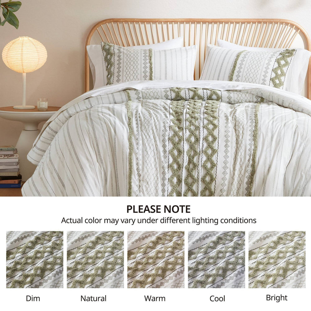 3 PCS King/Cal King Cotton Printed Duvet Cover Set with Chenille Sage/Ivory Media 16