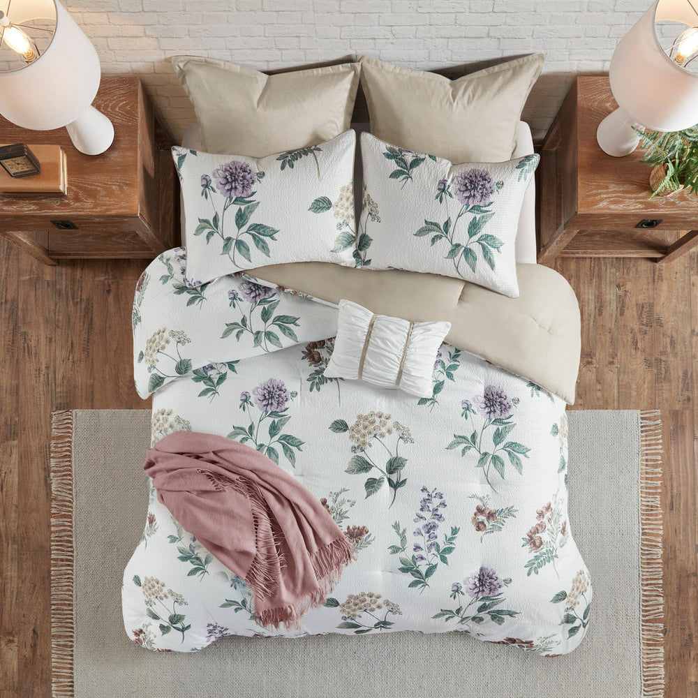 7 Piece Printed Seersucker Comforter Set with Throw Blanket Taupe/Blush King/Cal King Media 4