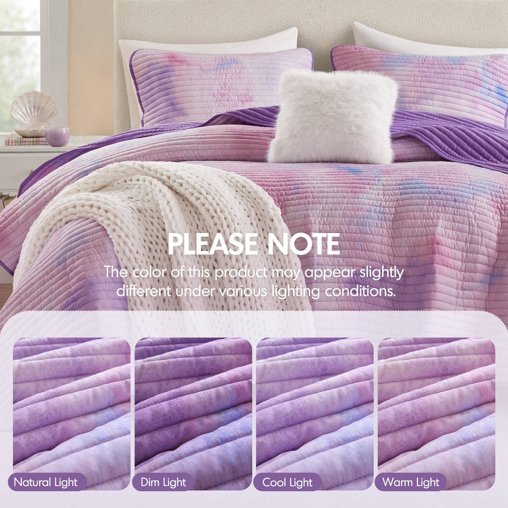 4 Pieces Full/Queen Watercolor Tie Dye Printed Quilt Set with Throw Pillow,Purple Media 2