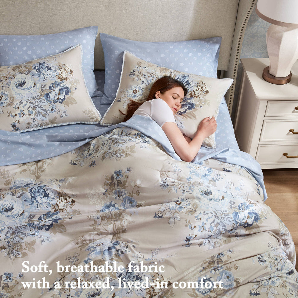 5-Piece Twin 5 Piece Vin -inspired Collection floral print,Beige/Blue Media 2