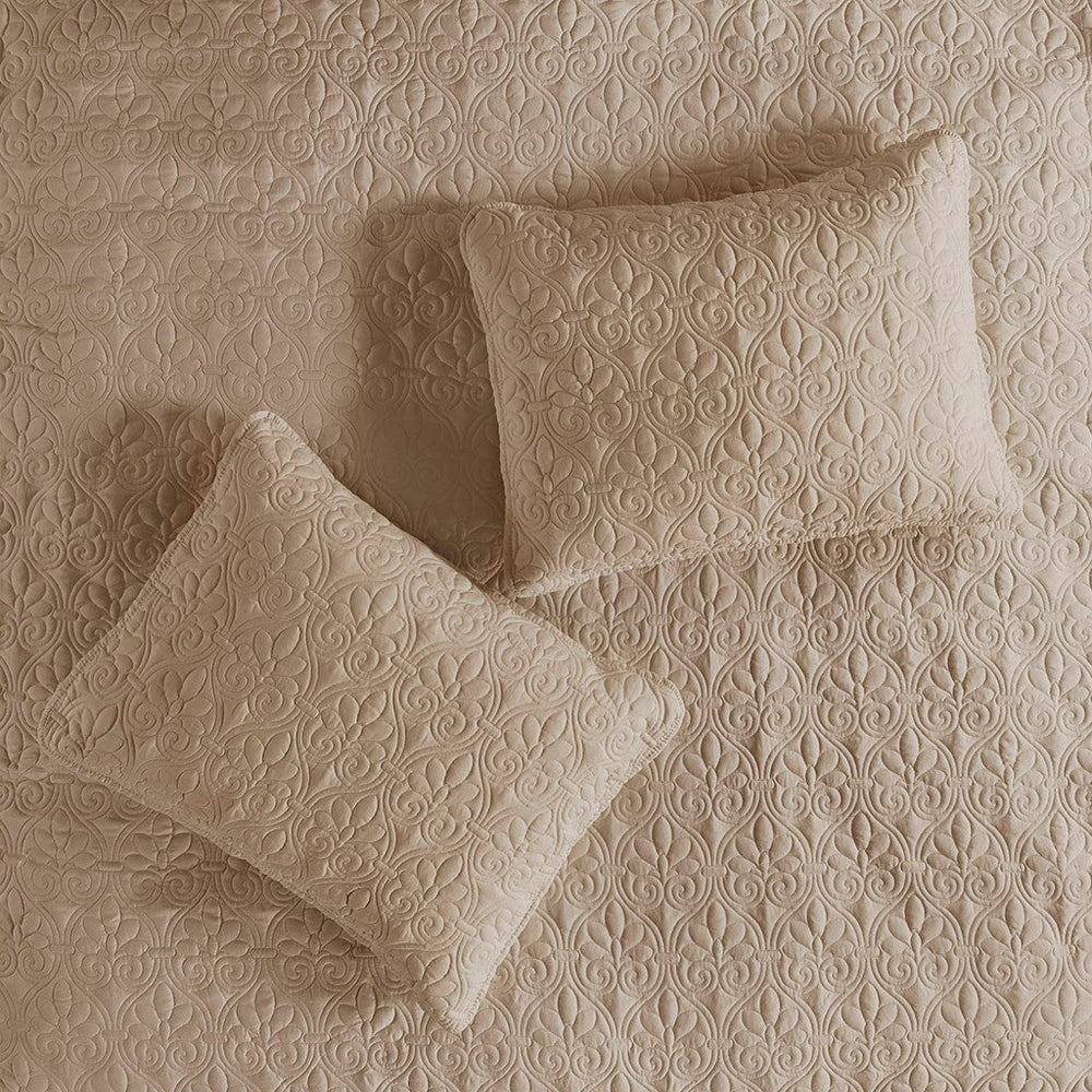 3 Piece Split Corner Pleated Quilted Bedspread Khaki Queen Media 10