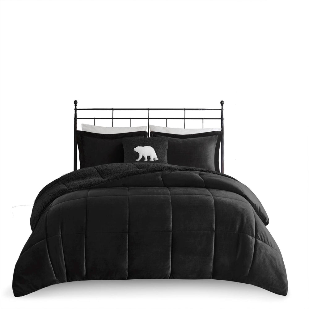 4-Piece Full/Queen Plush to Sherpa Down Alternative Comforter Set,Black/Black Media 9
