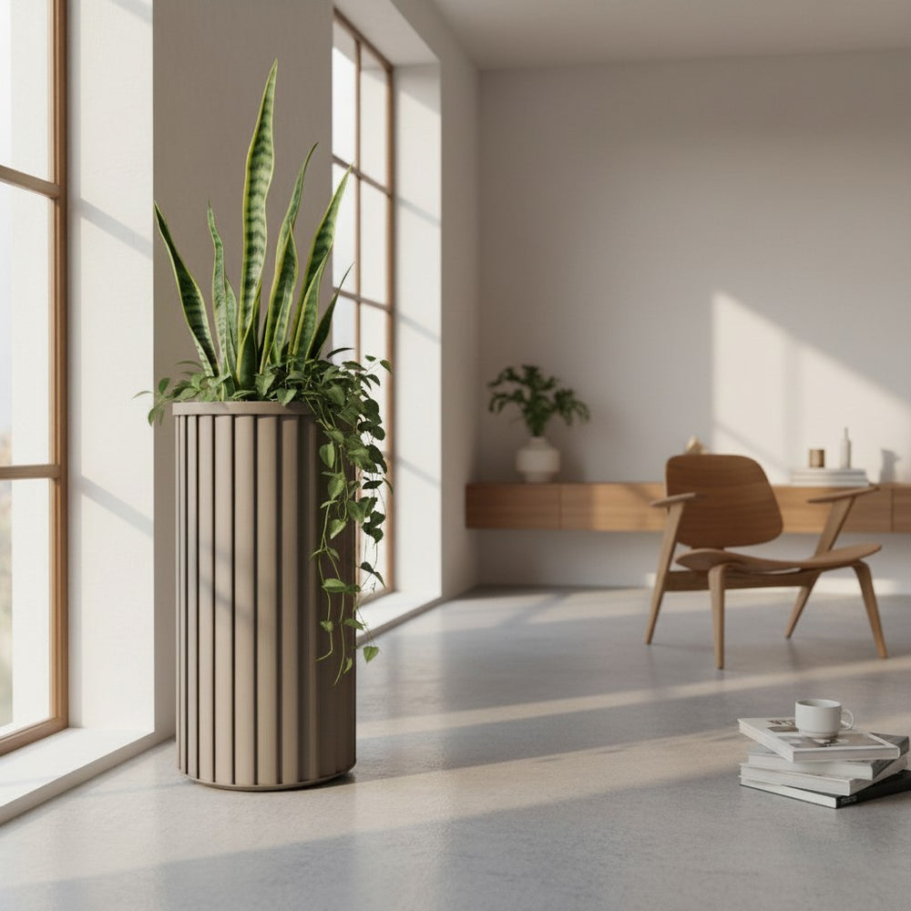 Round Strata Column Planter XL - Grey Brown Media 2
