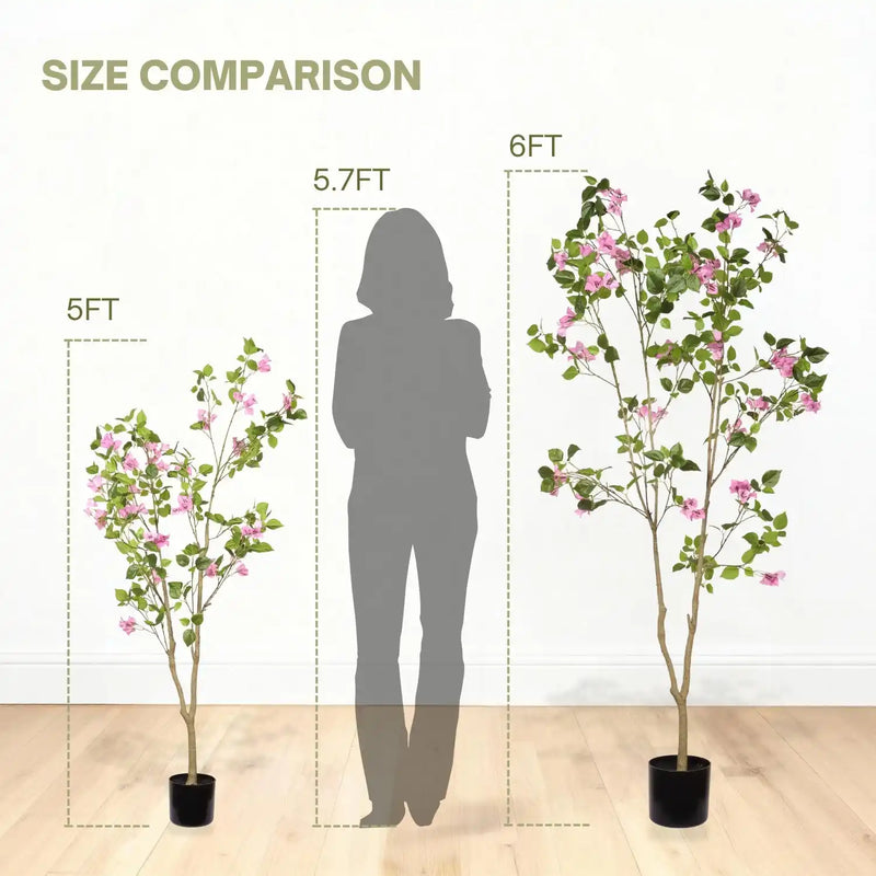 Artificial Bougainvillea Tree in Baby Pink with Green Leaves, Realistic Faux Plant in Black Plastic Pot, 60-Inch Indoor Decor for Home Office