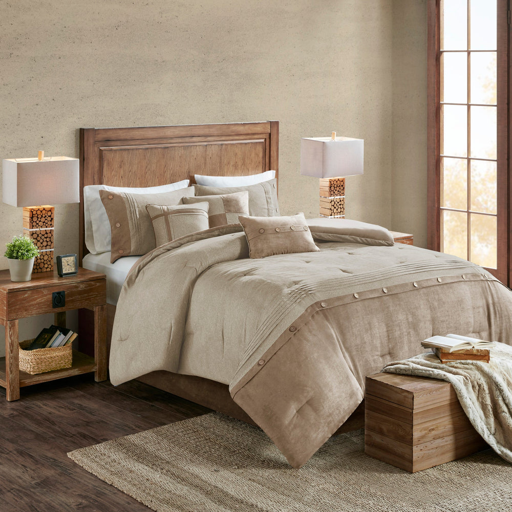 7 Piece Faux Suede Comforter Set Tan Cal King Media 1
