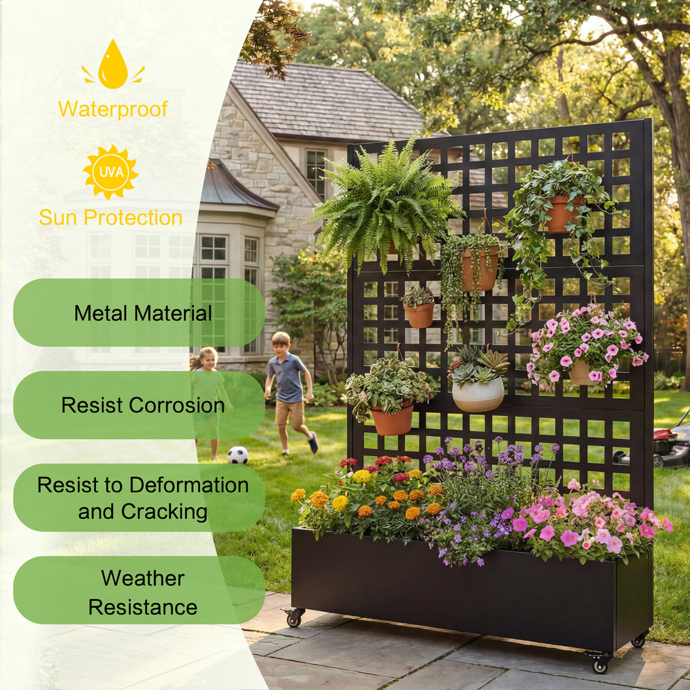 Metal Raised Garden Bed with Wheels and Trellis,73'x47'x16' Planter Box for Climbing Plants, Vegetables & Vines, Features Privacy Screen and Drainage Holes Media 4