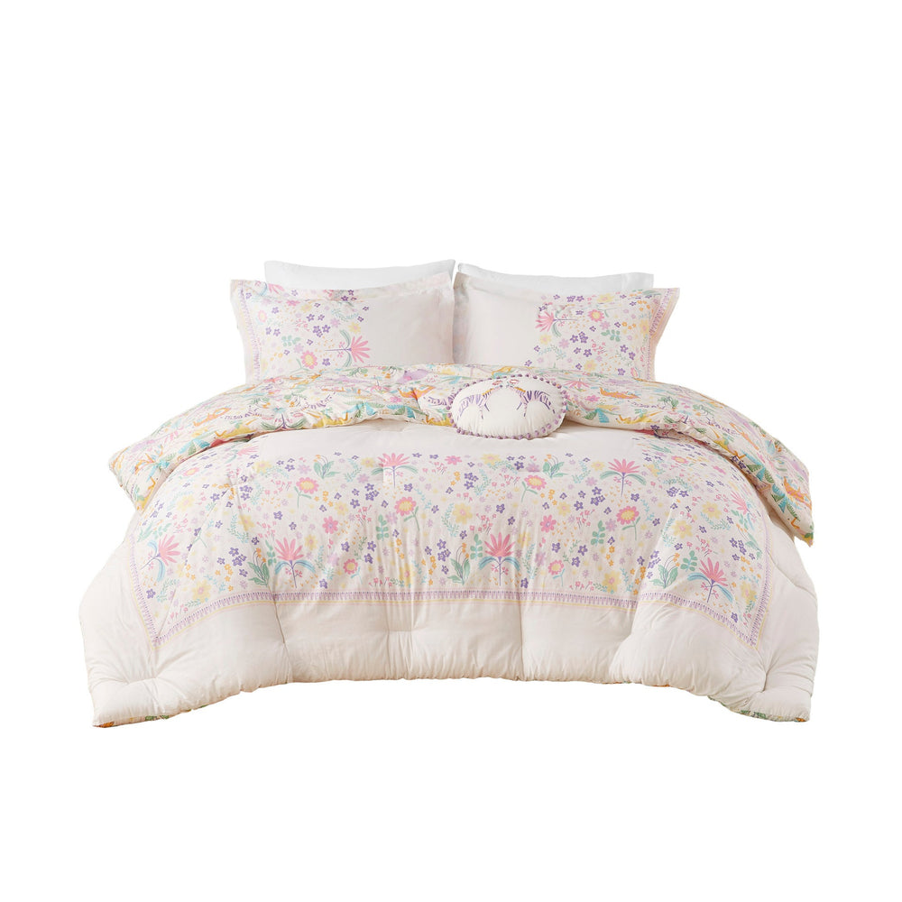 4 PCS Full/Queen Floral Reversible Cotton Comforter Set with Throw Pillow Purple Media 7