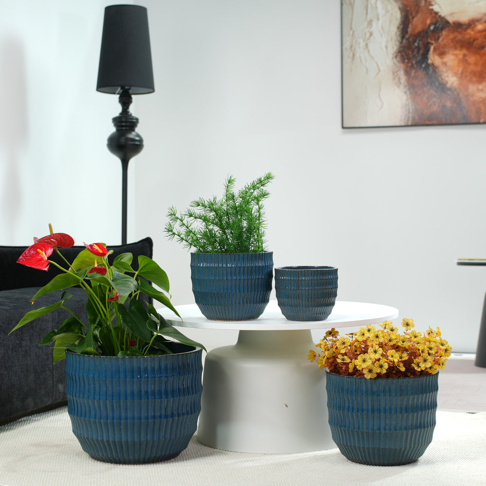 Handmade Denim Blue Glaze Ceramic Planter Set of 4, 7/9/12/14 Inch, Horizontal Grooves, Indoor & Outdoor Herb Succulent Pots, Breathable Clay with Drainage Holes Media 3