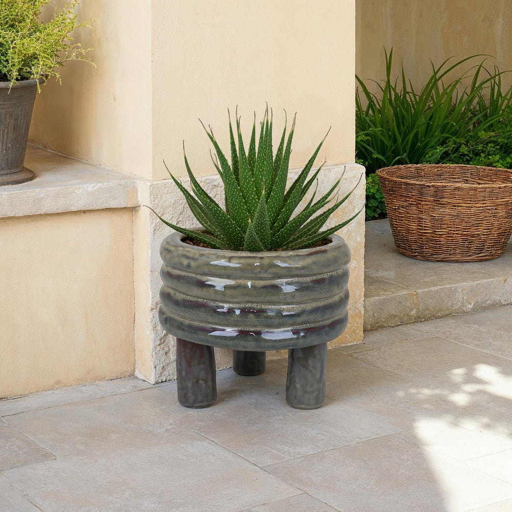 Garden Planter, Decorative Turned Style Glossy Gray Ceramic, 10 Inch Media 6
