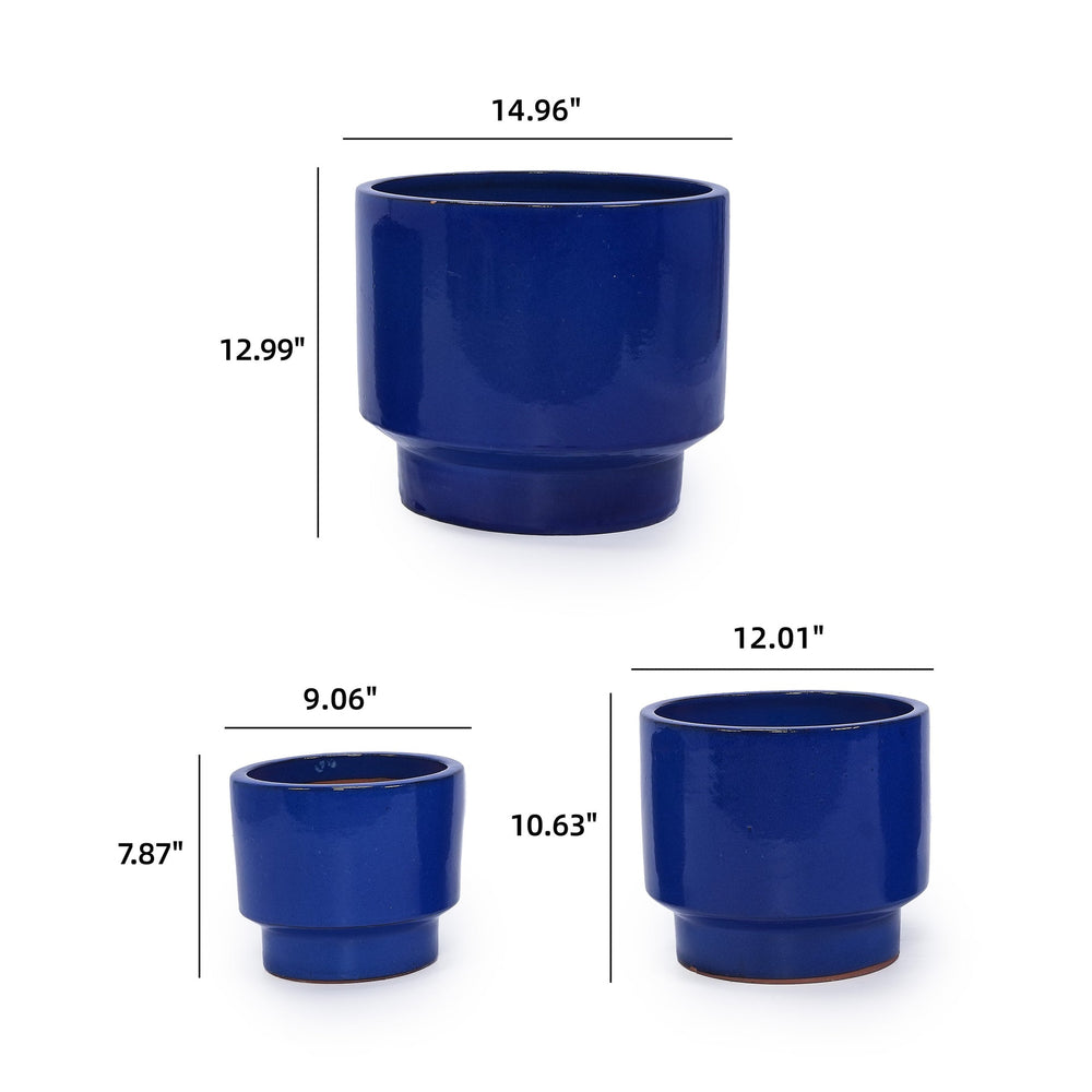Handmade Solid Blue Glazed Ceramic Planter Set of 3, 15/12/9 Inch Diameter, for Succulents & Flowers Outdoor Garden & Indoor Staircase Use, Breathable Porous Clay Media 6