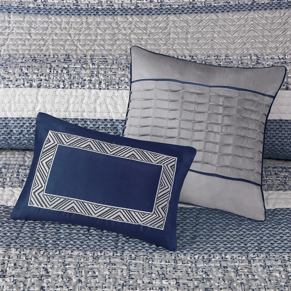 6 Piece Reversible Jacquard Quilt Set with Throw Pillows Navy Full/Queen Media 7