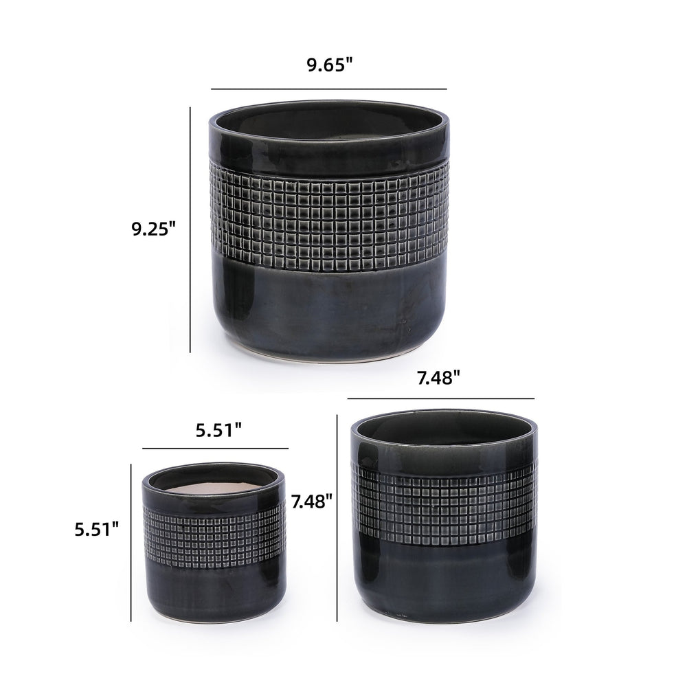 Handmade Black Glazed Ceramic Planter Set of 3, 9' 7' 6' Diameter, Grid Pattern, for Succulents & Cacti Indoor/Outdoor Shelf & Table Use, Porous Clay with Drainage Holes Media 5