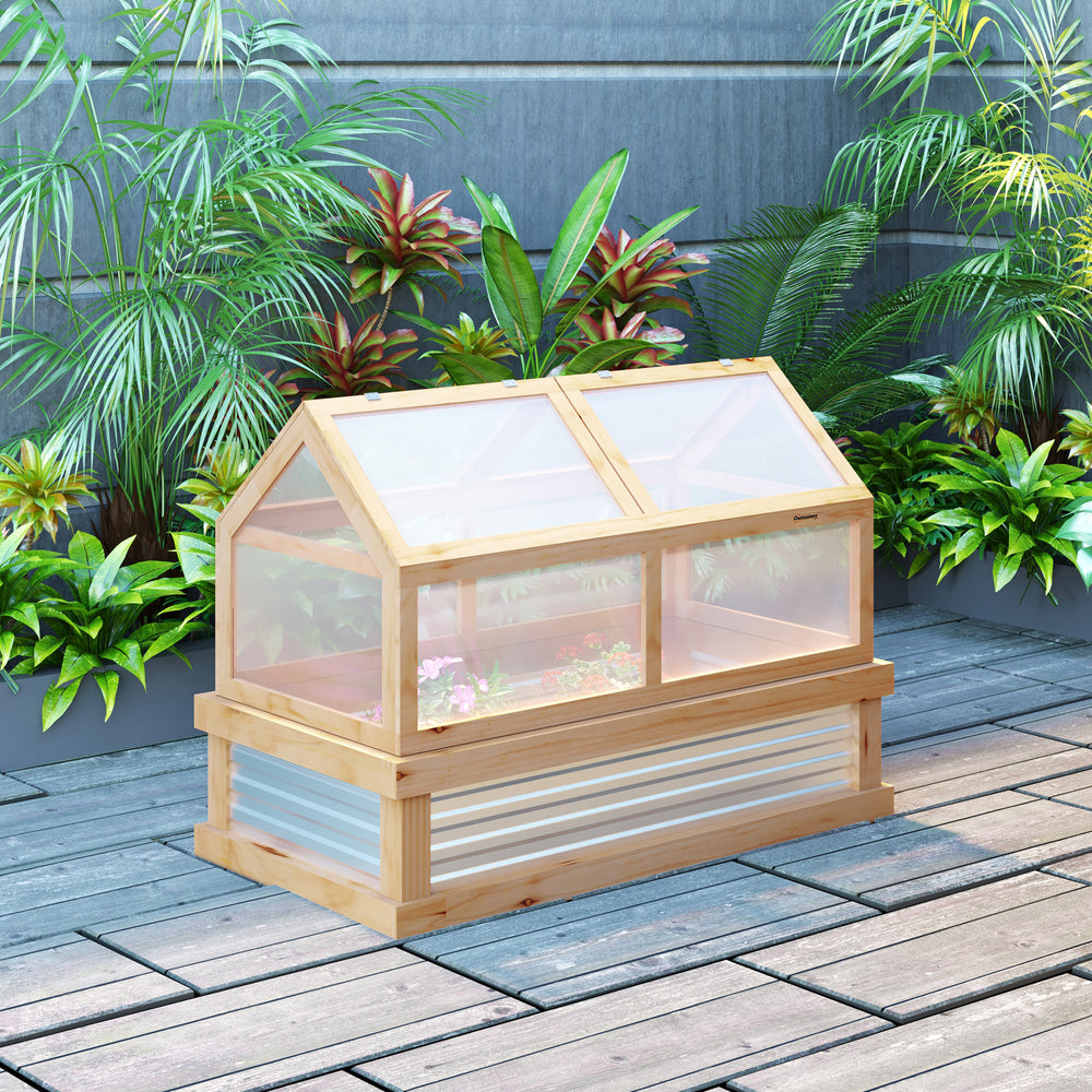 Outsunny Raised Garden Bed with Polycarbonate Greenhouse, Flower Planter Protection, Natural Wood, 48' x 24' x 32' Media 2
