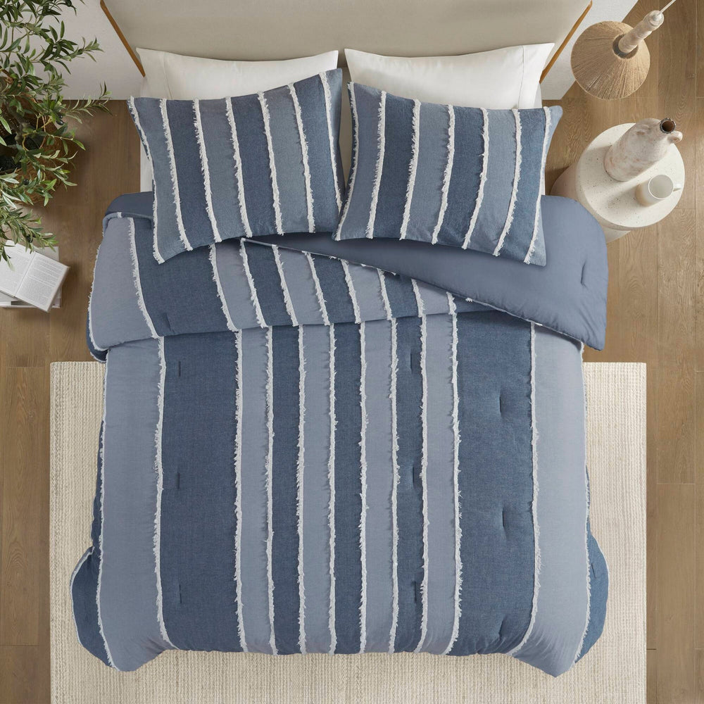3 Pieces Full/Queen Striped Cotton Comforter Set,Blue Media 12