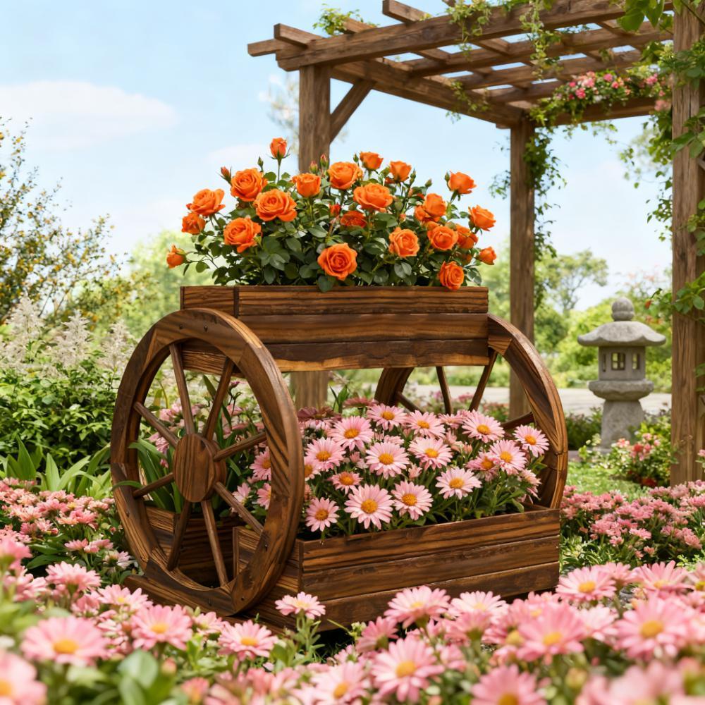 Outdoor Planter,Wooden Wagon Planter Box,3-Tier Raised Garden Bed,for Vegetables Flowers Herbs Media 1