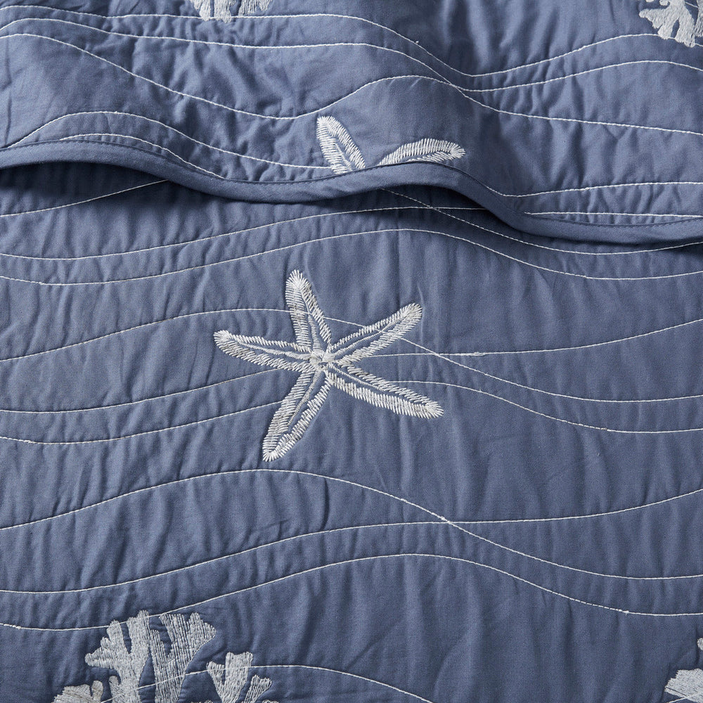 4 Piece Cotton Reversible Embroidered Quilt Set with Throw Pillow Navy Full/Queen Media 7
