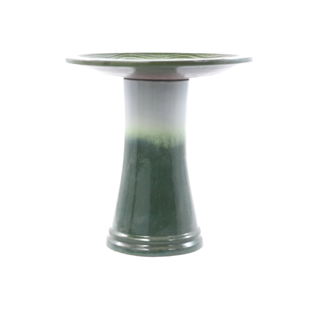 Handmade glazed ceramic bird bath, 17' concentric ripple embossed tray & 18' pedestal base, white to sage green ombre gradient glaze outdoor bird feeder for yard, lawn, patio & backyard Media 10
