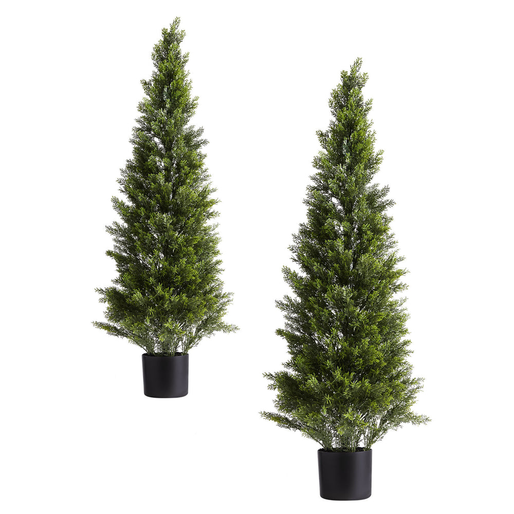 Artificial Topiary Cedar Trees, 48 inch 2 Set Faux Pine Shrubs Plants, Fake Silk Tree Look Real, Easy Assembly for Decor Front Porch Outdoor Patio Garden Balcony Backyard Indoor Office Media 1