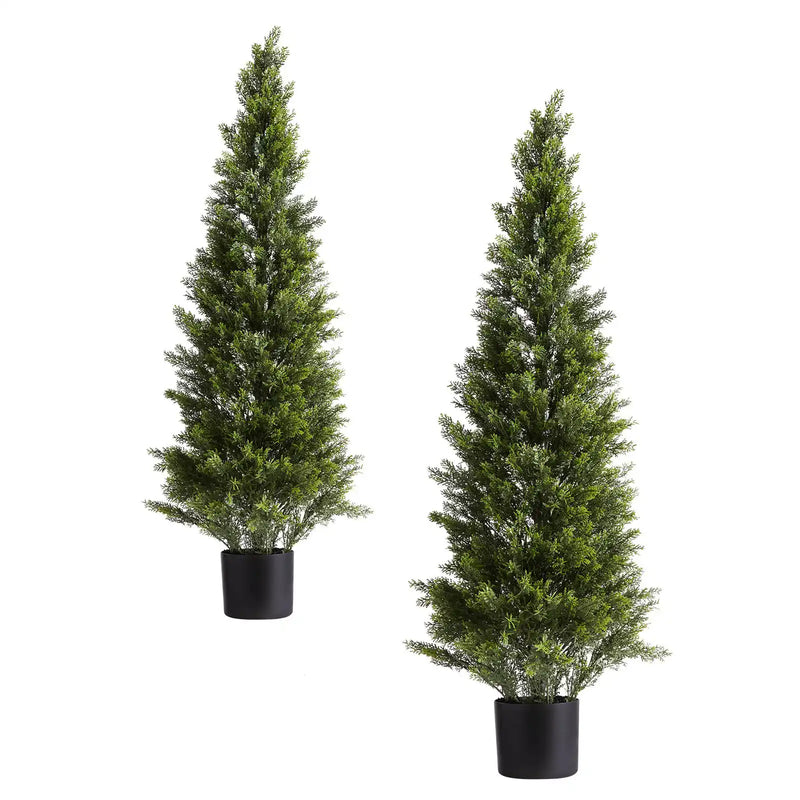 Artificial Topiary Cedar Trees, 48 inch 2 Set Faux Pine Shrubs Plants, Fake Silk Tree Look Real, Easy Assembly for Decor Front Porch Outdoor Patio Garden Balcony Backyard Indoor Office