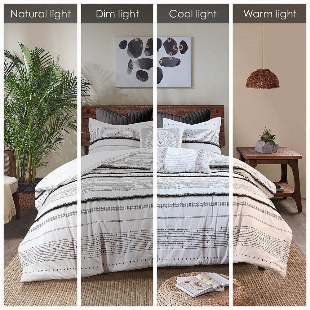 Cotton Printed Comforter Set with Trims Black/White Full/Queen Media 9