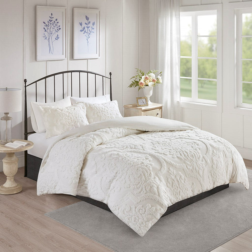 Full/Queen 3 Piece Tufted Cotton Chenille Damask Duvet Cover Set Media 5