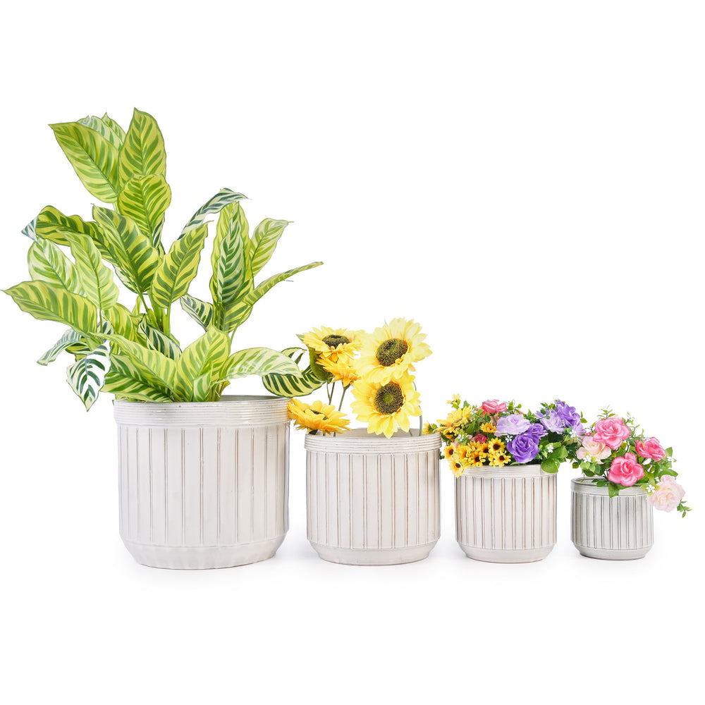 Handmade White Ceramic Planter Set of 4, 6/8/10/12 Inch Diameter, Vertical Line Pattern for Succulents & Cacti, Indoor/Outdoor Use on Windowsill & Bookshelf, Breathable Material Media 4