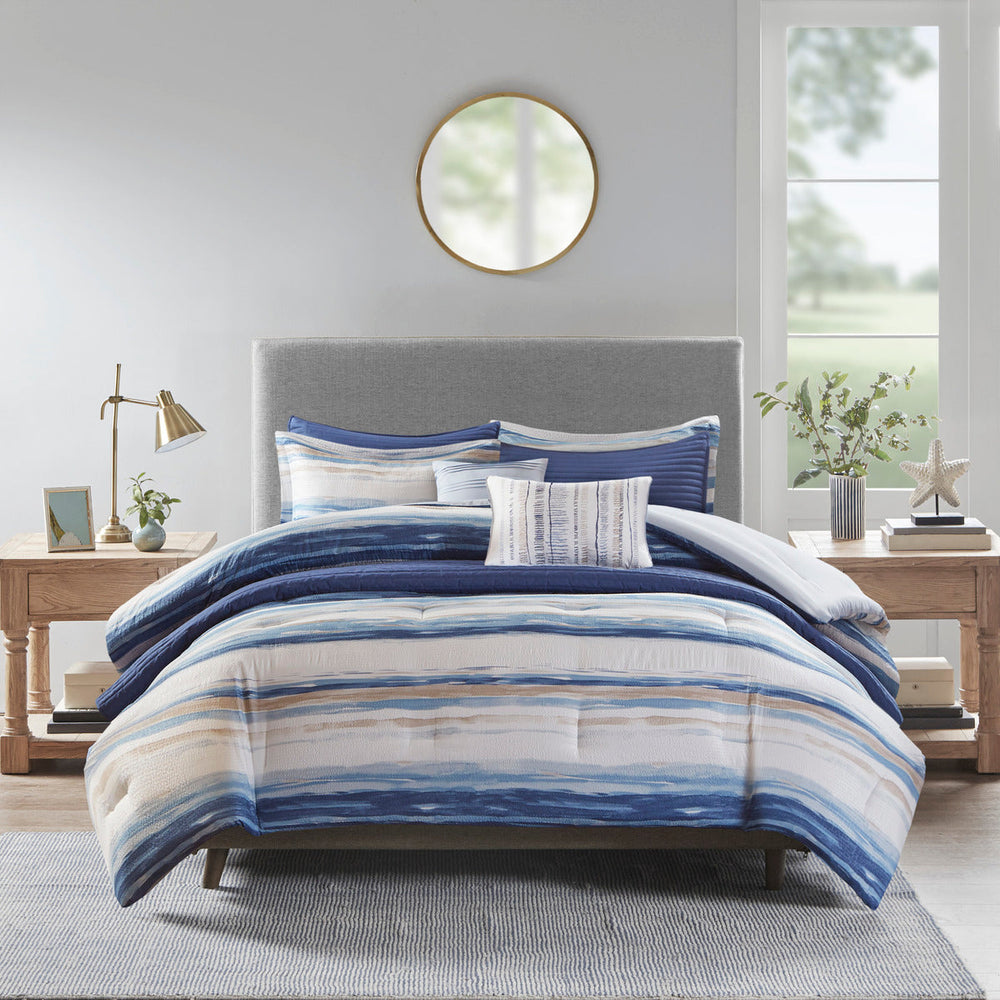 8 Piece Printed Seersucker Comforter and Quilt Set Collection Blue Full/Queen Media 7