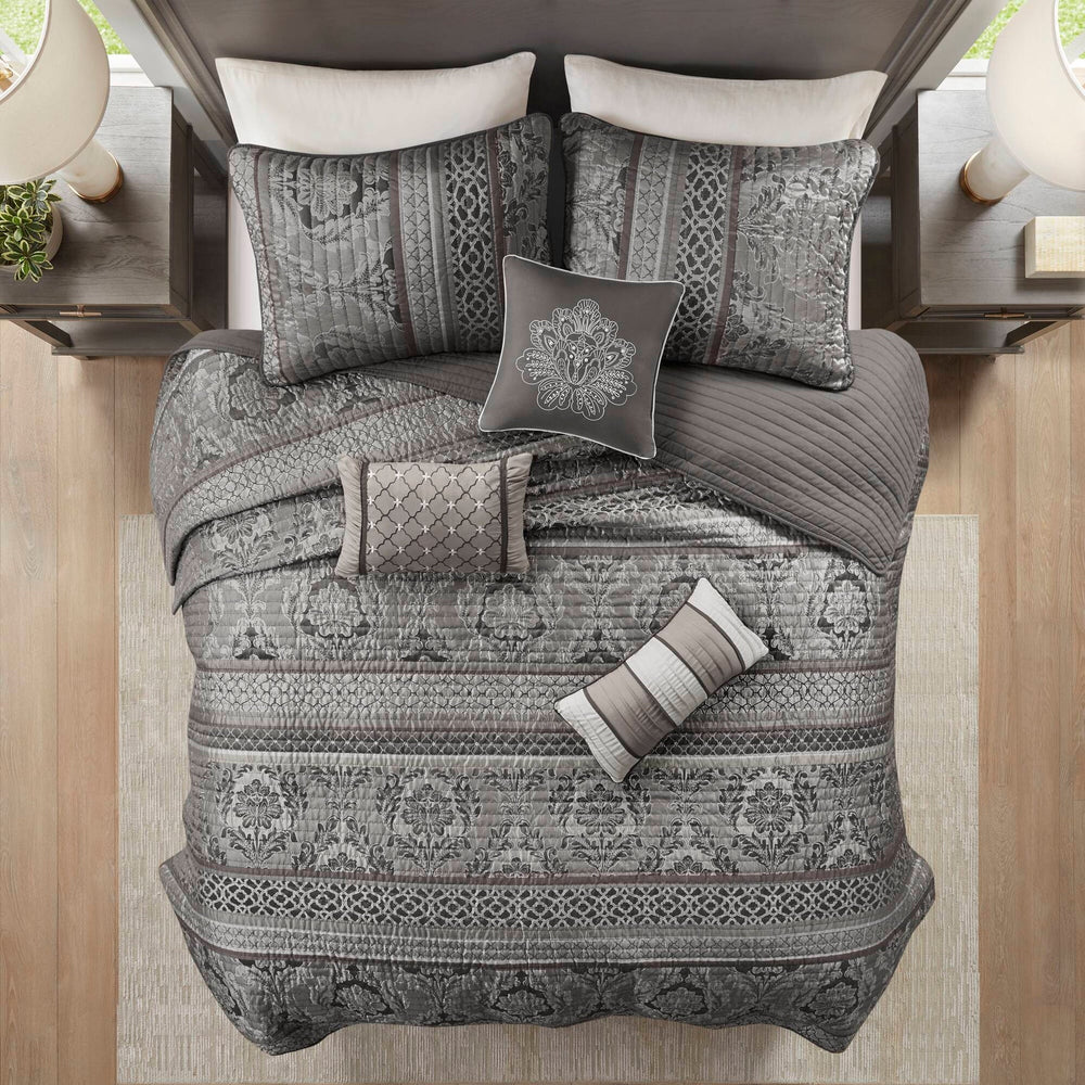 6-Piece Full/Queen 6 Piece Jacquard Quilt Set with Throw Pillows,Grey Media 10