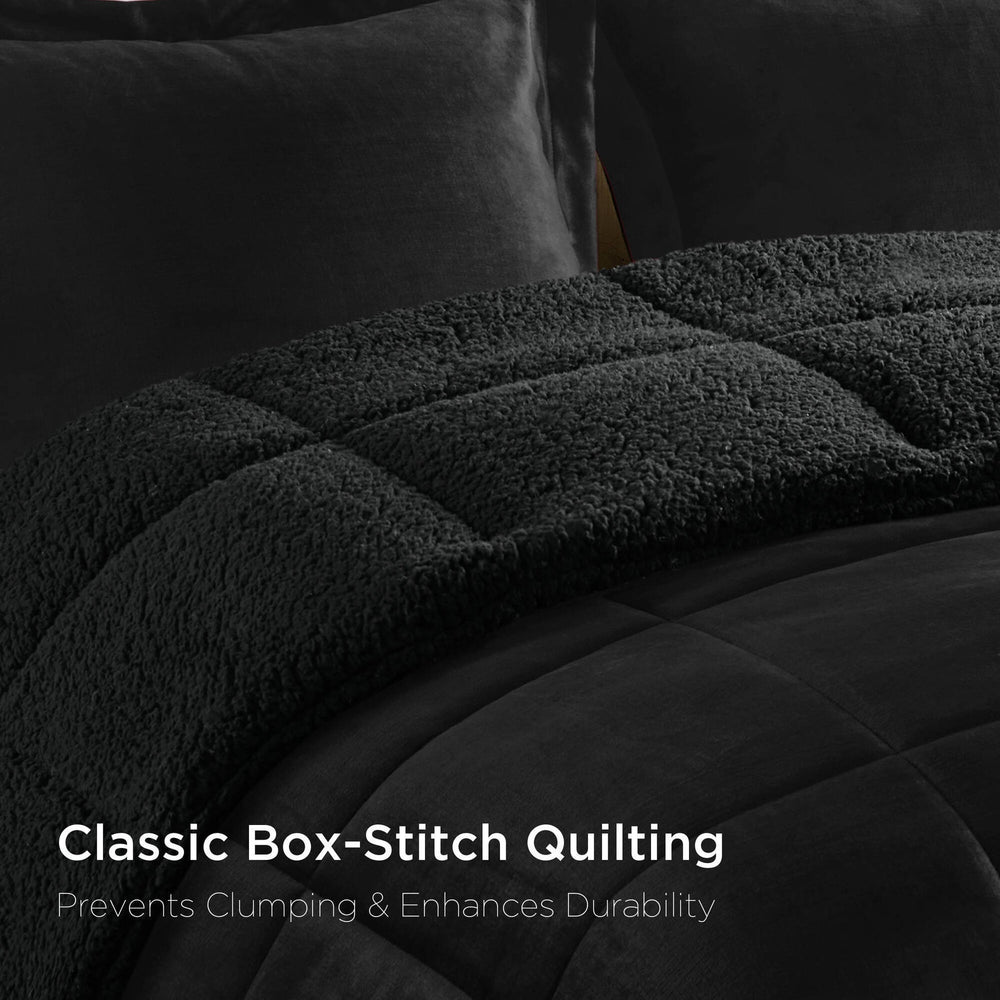 4-Piece King Plush to Sherpa Down Alternative Comforter Set,Black/Black Media 16