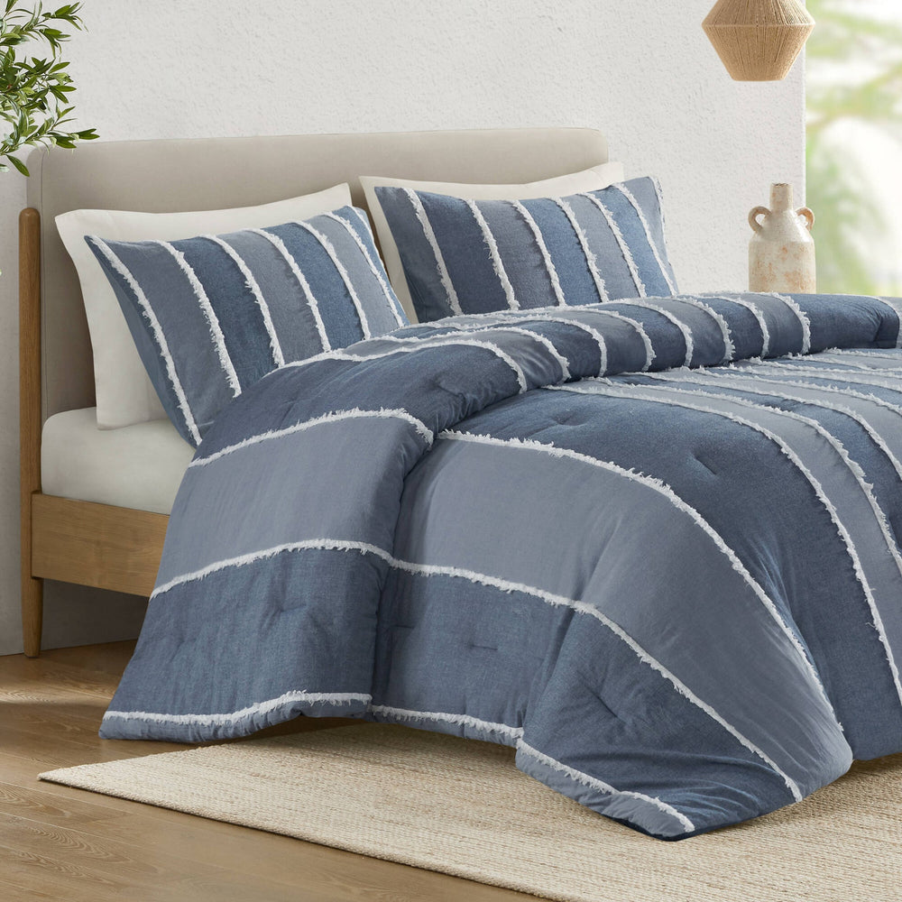 3 Pieces Full/Queen Striped Cotton Comforter Set,Blue Media 5