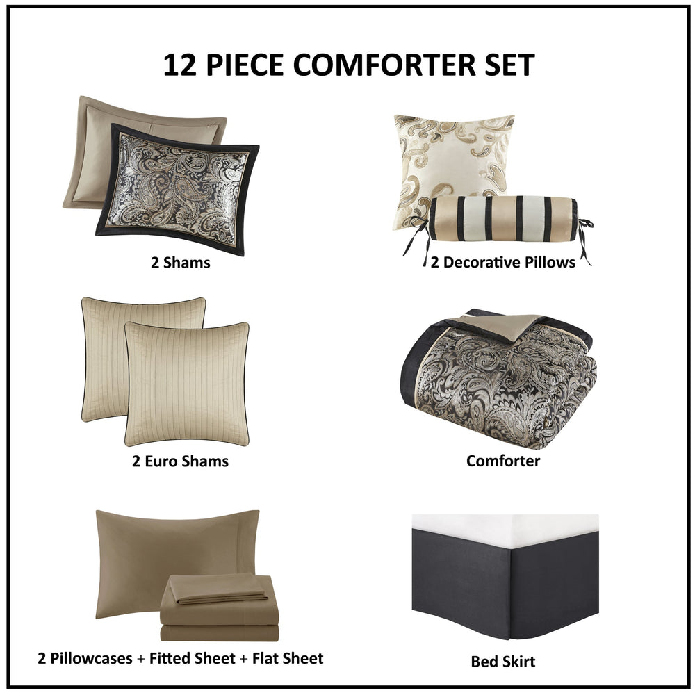 12 Piece Comforter Set with Cotton Bed Sheets Black King Media 9