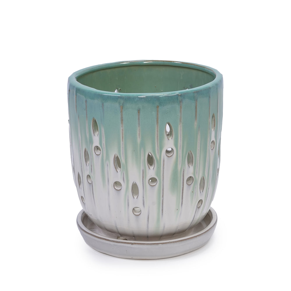 Set of 2 Ceramic Flowerpot with Drainage Hole, 8' Modern Planter for Patio, Garden, Windowsill - White Green Media 6